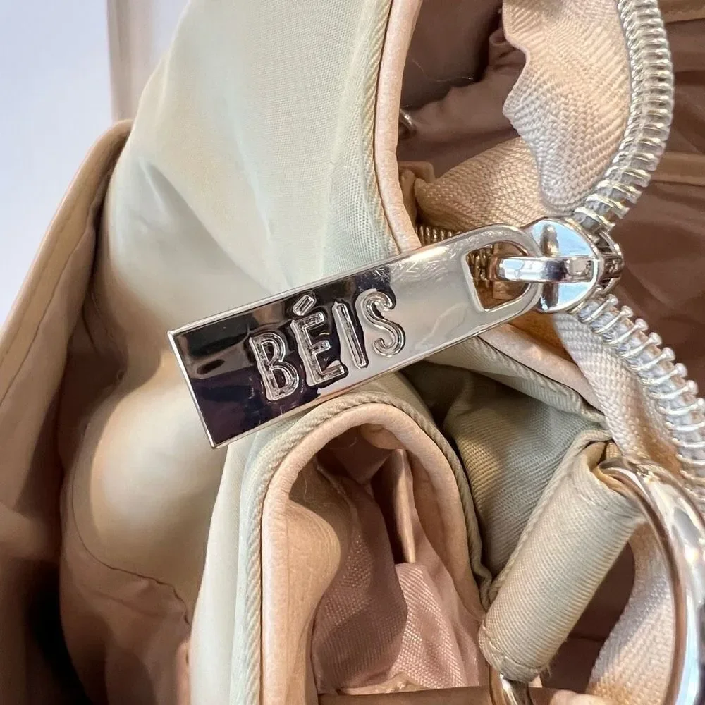 Beis The Baby Bag in Beige Buffalo Trim Vegan Leather 5 Pockets Gold Hardware